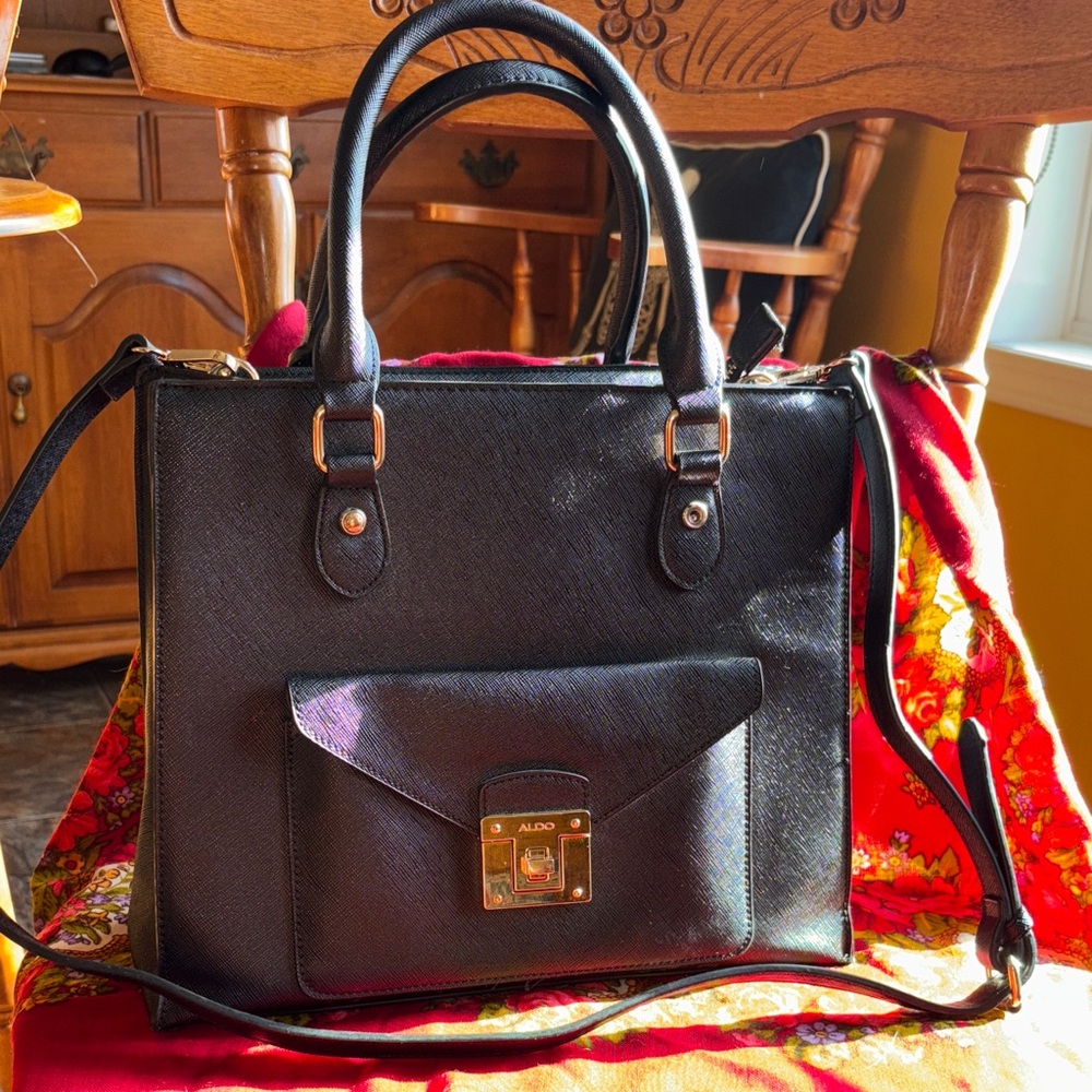 Aldo Elegant Black Satchel with Gold Details